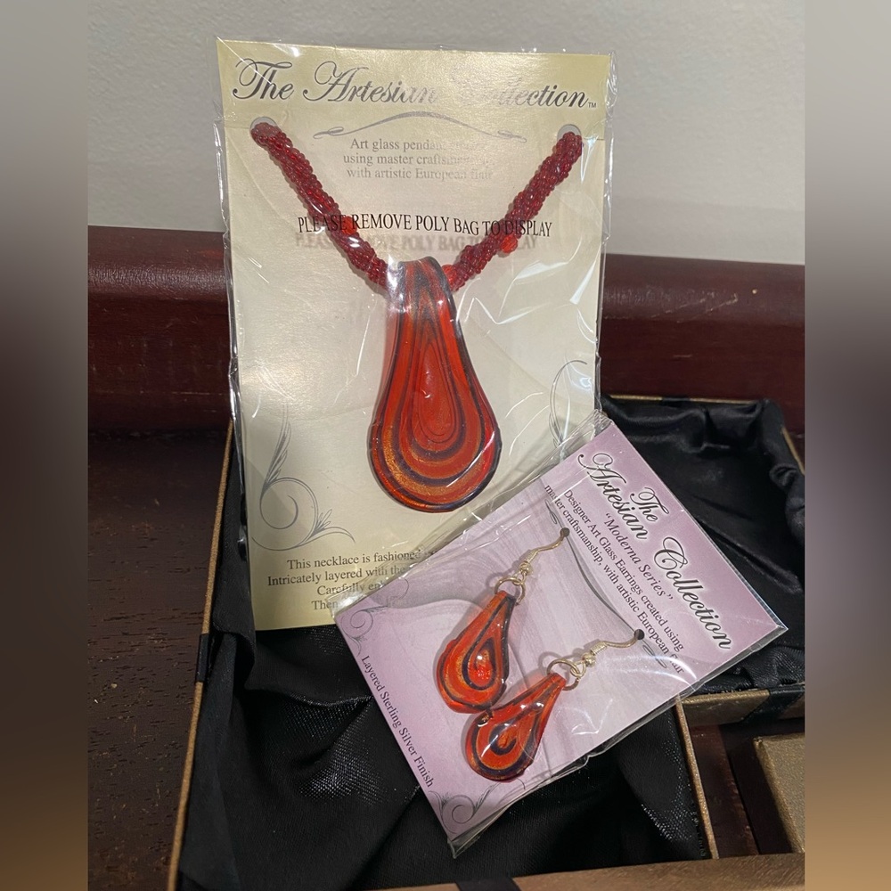 Artesian Collection Red Glass Pendant Necklace & Earrings Set